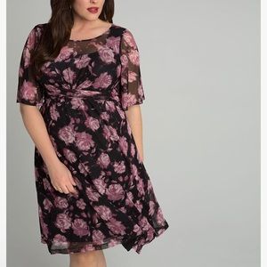 Kiyonna Katarina Mesh Floral Stretch Ruched Black/Pink Romantic Dress size 0